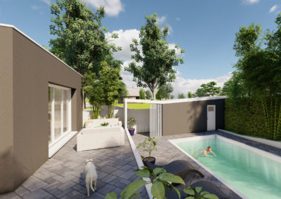 Extension, terrasse et piscine côté jardin